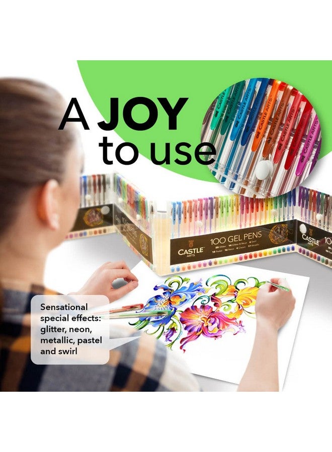 Castle Art Supplies 100 Gel Pens For Adult Coloring Set Drawing Scrapbooks Journals Amazing Colors Effects Swirl Glitter Neon Pastel Metallic With Smooth Fine Tips - Image 4