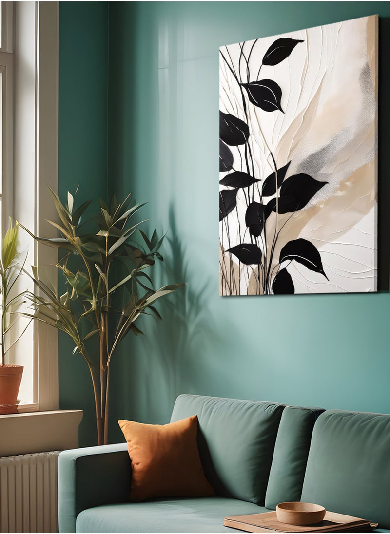 LOWHA Framed Canvas Wall Art Stretched Over Wooden Frame, Black Leaves Painting  - Image 1
