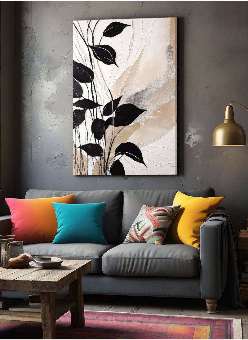 LOWHA Framed Canvas Wall Art Stretched Over Wooden Frame, Black Leaves Painting  - Image 2