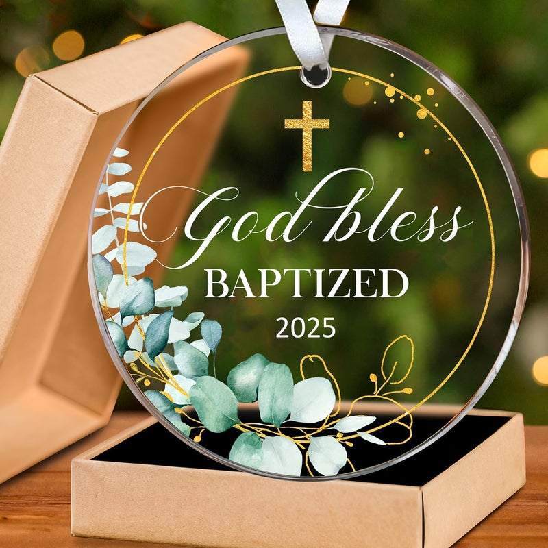 HEXMOZ God Bless Baptized Ornament 2025 - Christian Easter Baptism Gifts for Boys, Girls, Adults - Cross Christening Gift for Baby Boy Girl Godson Goddaughter - Acrylic Christmas Keepsake Decoration - Image 1