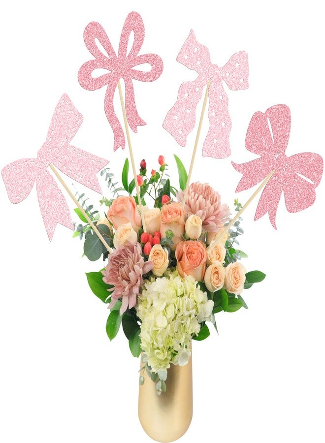 Ephlyn 12Pcs Pink Bow Centerpiece Sticks Bow Birthday Table Flower Centerpieces Sticks Bowknot Floral Decorations for Baby Shower Birthday Party Supplies Light Pink - Image 1