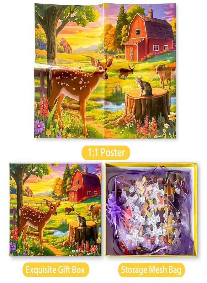 Biarek 100 Pieces Jigsaw Puzzles for Adults - Deer Cat Puzzles for Kids Ages 4-6 6-8 8-10 10-12 Kids Learning Educational Puzzle Toys for Boys and Girls - Farm Kitten and Cow - Image 4