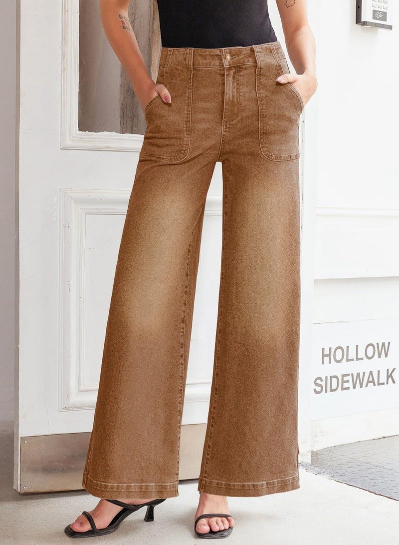 Sidefeel Womens Wide Leg Jeans High Waisted Stretchy Straight Leg Baggy Denim Pants with Pockets Brown Size 8 - Image 3