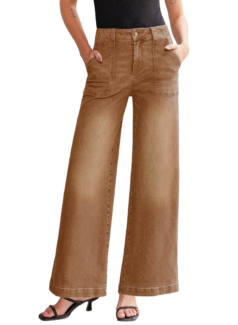 Sidefeel Womens Wide Leg Jeans High Waisted Stretchy Straight Leg Baggy Denim Pants with Pockets Brown Size 8 - Image 1