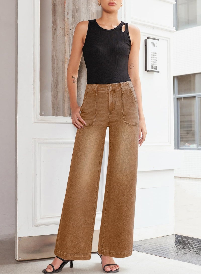 Sidefeel Womens Wide Leg Jeans High Waisted Stretchy Straight Leg Baggy Denim Pants with Pockets Brown Size 8 - Image 4