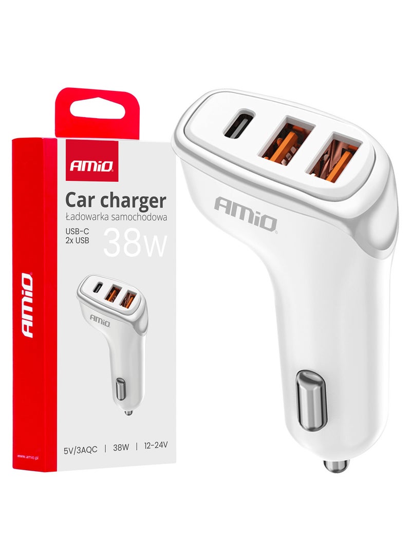 AMIO Car charger 2x USB-A + USB-C 38W 12/24V - Image 1