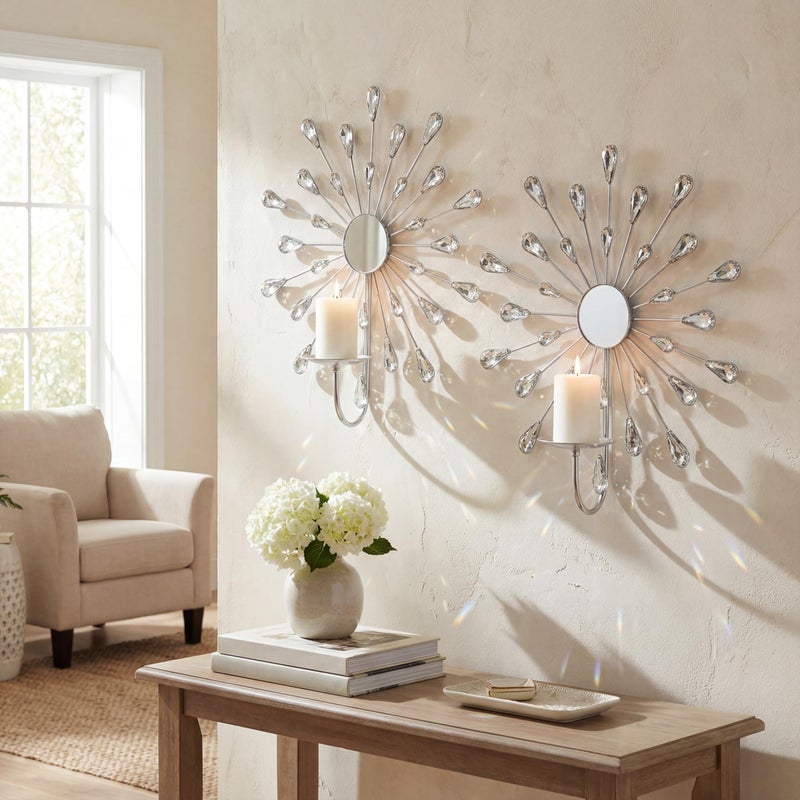 ZEXUIRU Crystal Rhinestone Wall Candle Sconces Set of 2 Bling Diamond Metal Sunburst Candle Holders Iron Decorative Wall Mounted Holders for Living Room Bedroom Bathroom Silver - Image 2