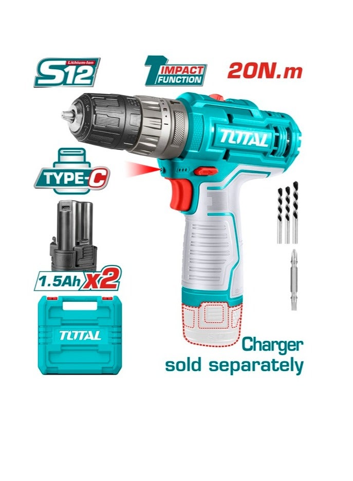 TOTAL Super Total 12V Lithium-Ion Cordless Impact Drill - 3 Function TIDLI12202, 20Nm Max Torque, 400-1500 RPM, 22500 BPM, LED Light, 18+1 Torque Settings, Includes Bits & Carrying Case  - Image 1