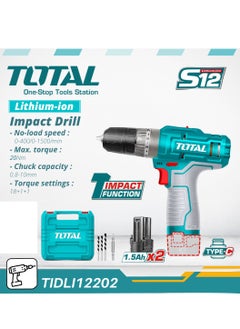 TOTAL Super Total 12V Lithium-Ion Cordless Impact Drill - 3 Function TIDLI12202, 20Nm Max Torque, 400-1500 RPM, 22500 BPM, LED Light, 18+1 Torque Settings, Includes Bits & Carrying Case  - Image 3