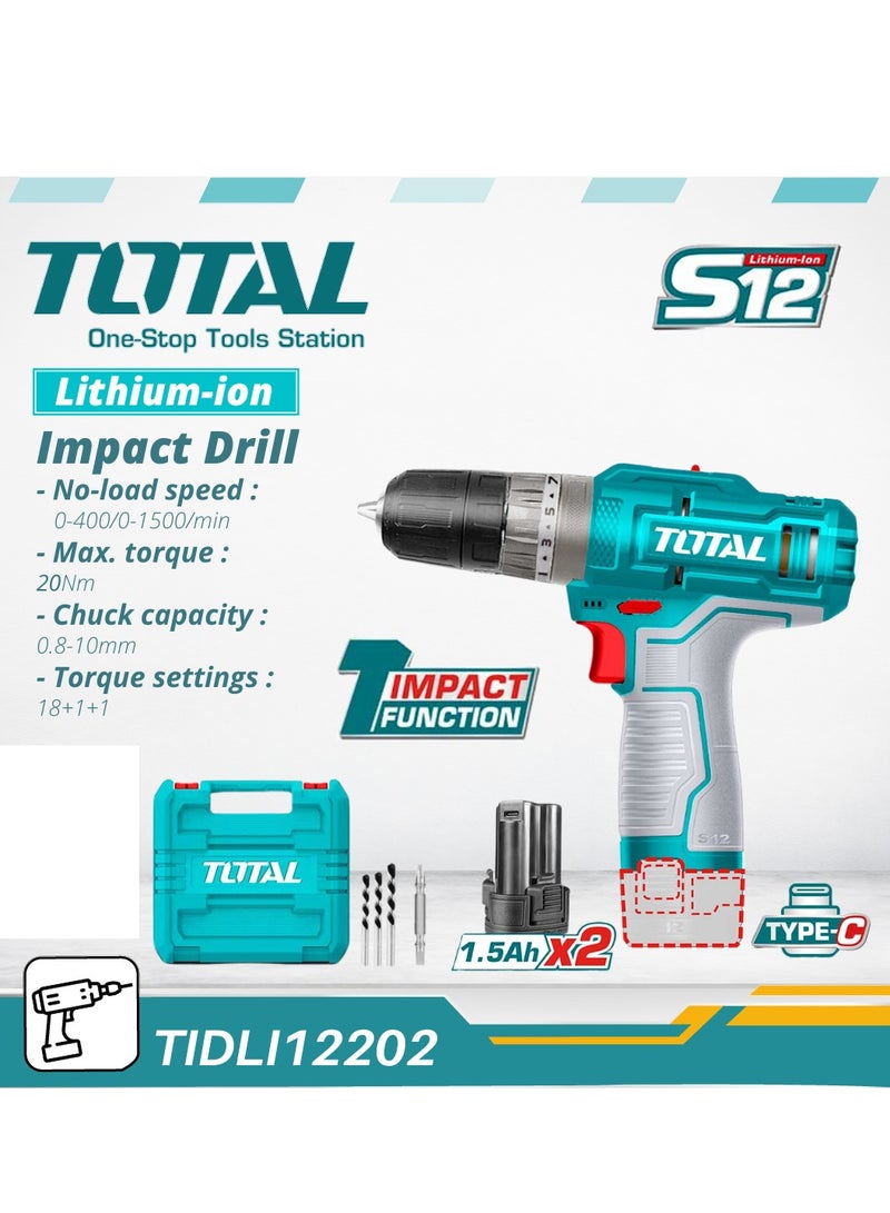 TOTAL Super Total 12V Lithium-Ion Cordless Impact Drill - 3 Function TIDLI12202, 20Nm Max Torque, 400-1500 RPM, 22500 BPM, LED Light, 18+1 Torque Settings, Includes Bits & Carrying Case  - Image 3