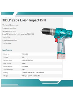 TOTAL Super Total 12V Lithium-Ion Cordless Impact Drill - 3 Function TIDLI12202, 20Nm Max Torque, 400-1500 RPM, 22500 BPM, LED Light, 18+1 Torque Settings, Includes Bits & Carrying Case  - Image 4