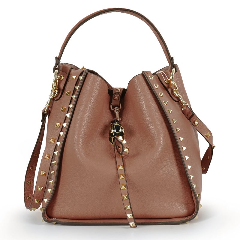 Explosive Genuine Leather Bucket Bag Litchi Pattern Top Layer Cowhide Rivet Bag Retro Trendy Crossbody Women'S Bag - Image 1