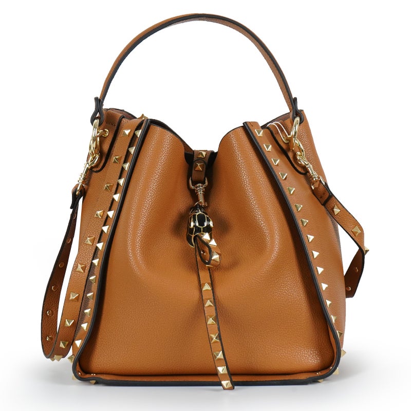 Explosive Genuine Leather Bucket Bag Litchi Pattern Top Layer Cowhide Rivet Bag Retro Trendy Crossbody Women'S Bag - Image 3
