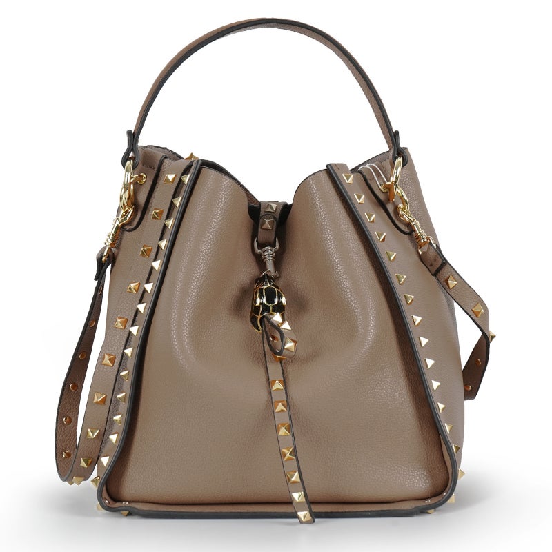 Explosive Genuine Leather Bucket Bag Litchi Pattern Top Layer Cowhide Rivet Bag Retro Trendy Crossbody Women'S Bag - Image 5