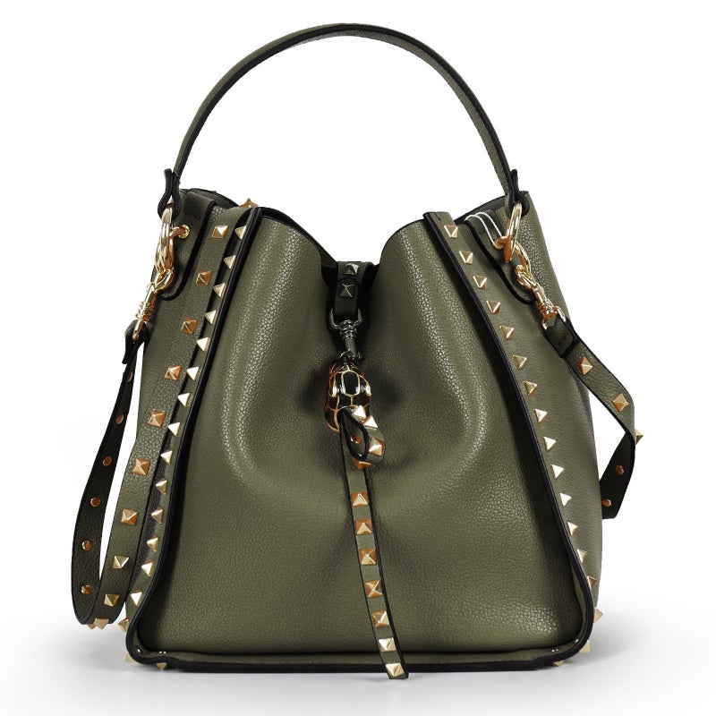 Explosive Genuine Leather Bucket Bag Litchi Pattern Top Layer Cowhide Rivet Bag Retro Trendy Crossbody Women'S Bag - Image 4