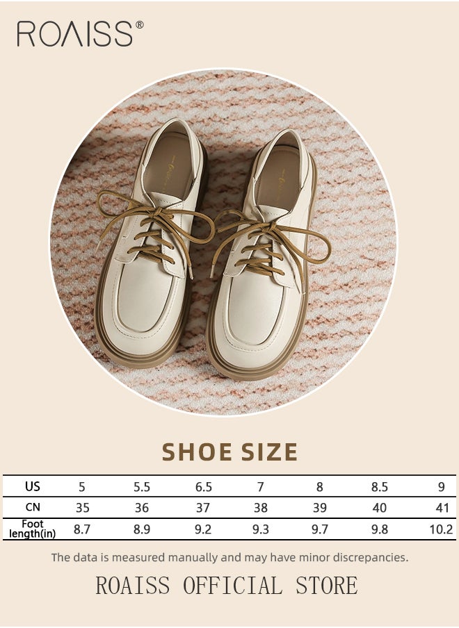 roaiss - Lace Up Leather Work Shoes for Women Fashionable and Versatile Round Toe Flat Shoes Chunky Sole Non Slip Classic Platform Loafers with Soft Sole College Style Leather Shoes - Image 1