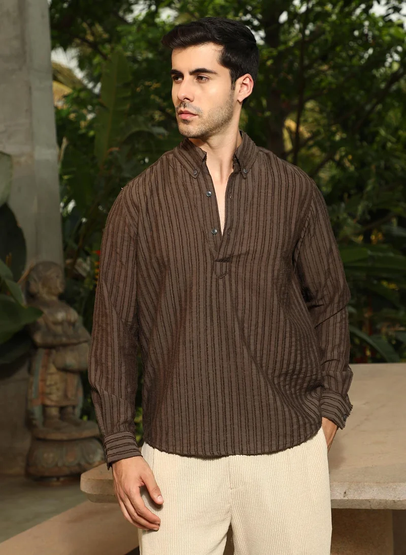 Campus Sutra Men's Mocha Brown Edge-Lined Half-Placket Shirt