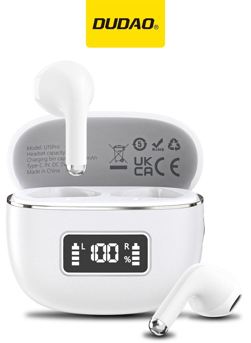 DUDAO Bluetooth 5.3 TWS Earbuds with LED Power Display, ENC Noise Reduction Clear Calls, HiFi Bass Stereo Sound, IPX5 Waterproof, Touch Control, Fast Type-C Charging Case – White - Image 1