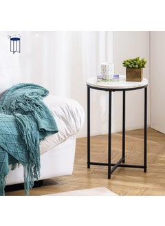 EDEUEQUE Round End Table Wooden Top with Marble Pattern Sofa Table Accent Side Table with Metal Frame Modern Black Nightstand Tall Coffee Table for Living Room Bedroom