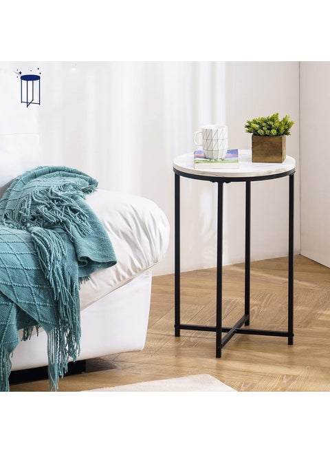 EDEUEQUE Round End Table Wooden Top with Marble Pattern Sofa Table Accent Side Table with Metal Frame Modern Black Nightstand Tall Coffee Table for Living Room Bedroom