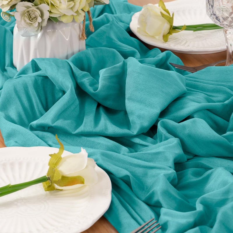 LINXTAR Teal Valentines Day Table Runner Cheesecloth Table Runners 10FT Farmhouse Table Runners 120 Inches Spring Decor Table Centerpiece for Wedding Boho Baby Shower Birthday - Image 4