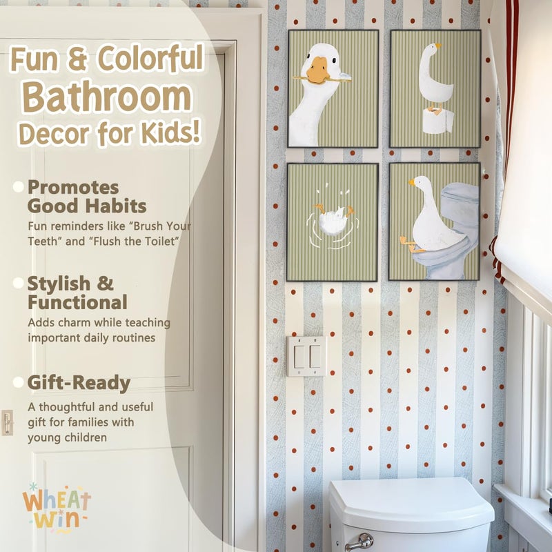 Wheatwin Kids Bathroom Decor, Goose Nursery Animal Poster Prints, Bathroom Wall Decorations for Kids Toddler Boys Girls Toilet Washroom Farmhouse, 8x10 Unframed 4Pcs - Sage Green - Image 5
