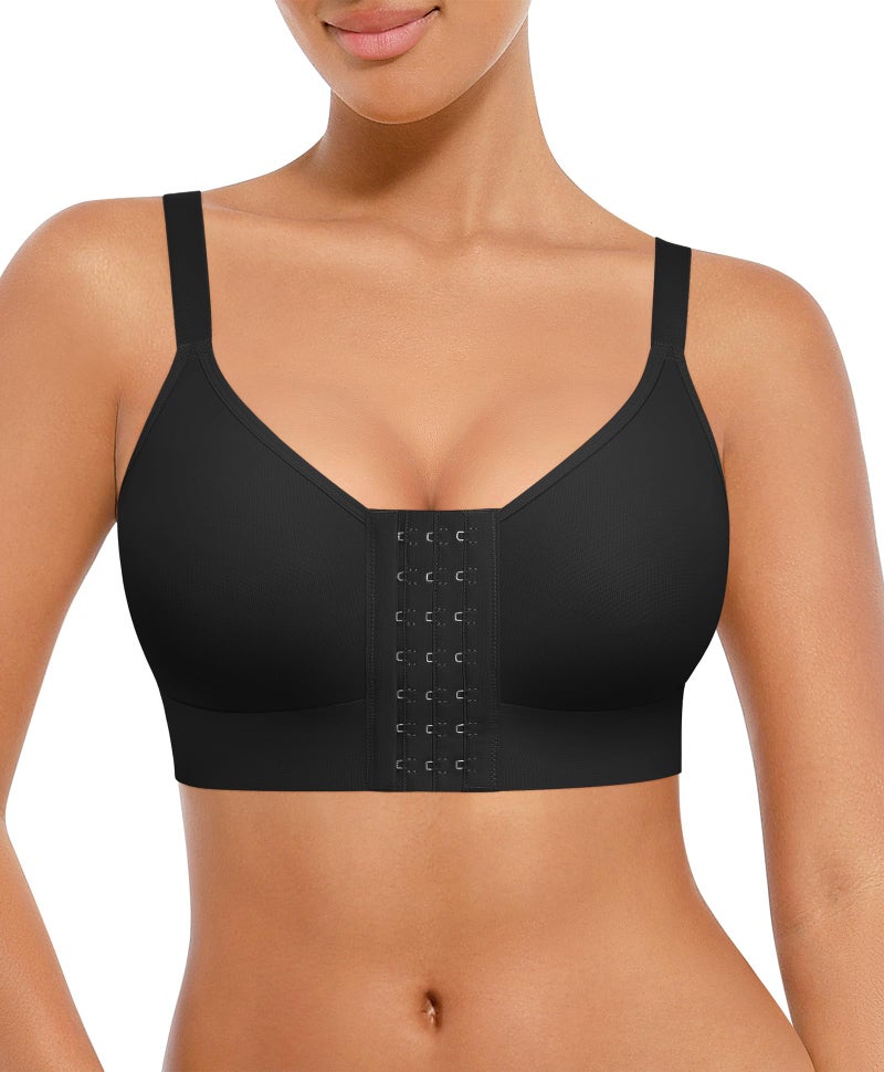 FeelinGirl Post Surgery Compression Bra Front Closure Bras for Women Mastectomy with Front Closure Wireless Bra Black M - Image 1