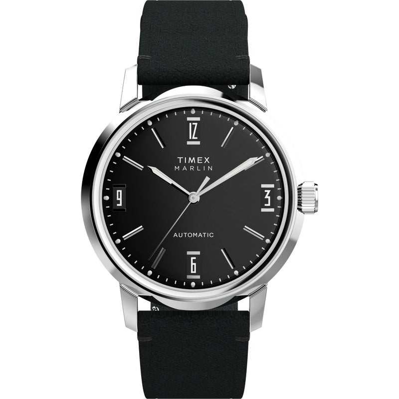 TIMEX ساعة Timex Marlin أوتوماتيكية للرجال 40 مم بحزام أسود وقرص أسود وعلبة من الفولاذ المقاوم للصدأ - Image 2