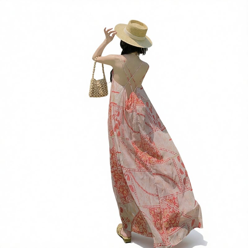 Printed Chiffon Dress Double Strap Backless Casual Vacation Maxi Dress Summer Beach - Image 1