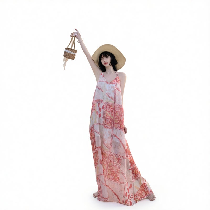 Printed Chiffon Dress Double Strap Backless Casual Vacation Maxi Dress Summer Beach - Image 2
