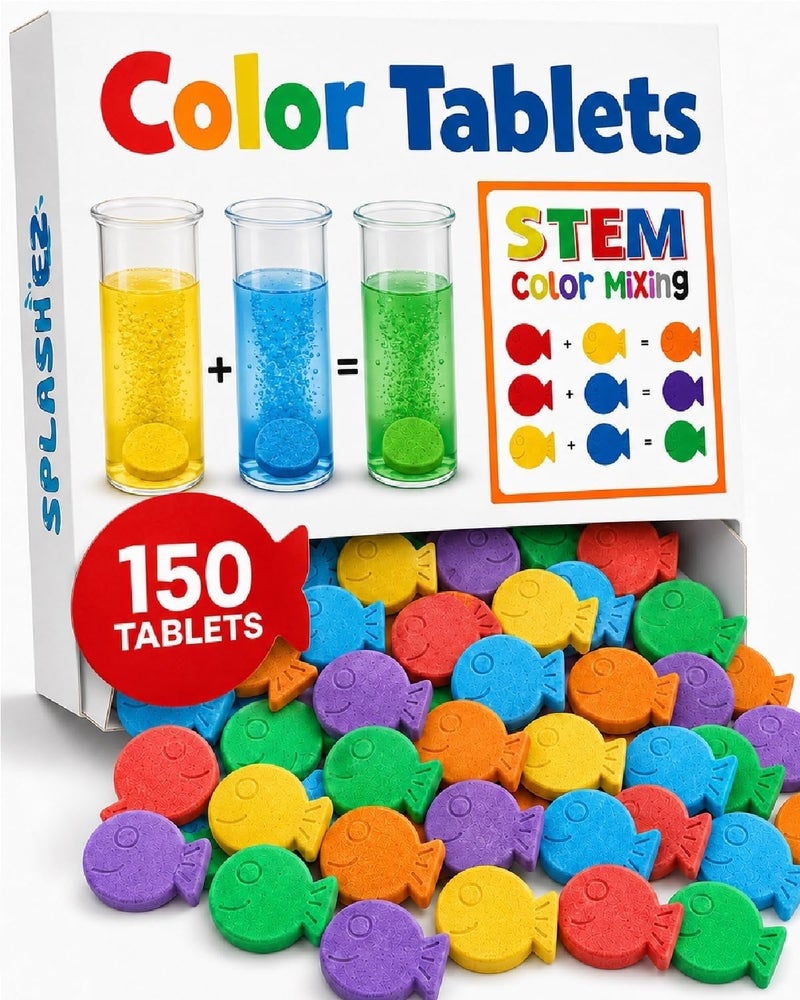 SplashEZ STEM Bath Color Tablets for Kids 150 Count - Fizzy Bath Bombs for Kids and Toddlers, Non Toxic, Fragrance Free, No Tub Staining, Easy Clean, Toys for Kids - Image 1