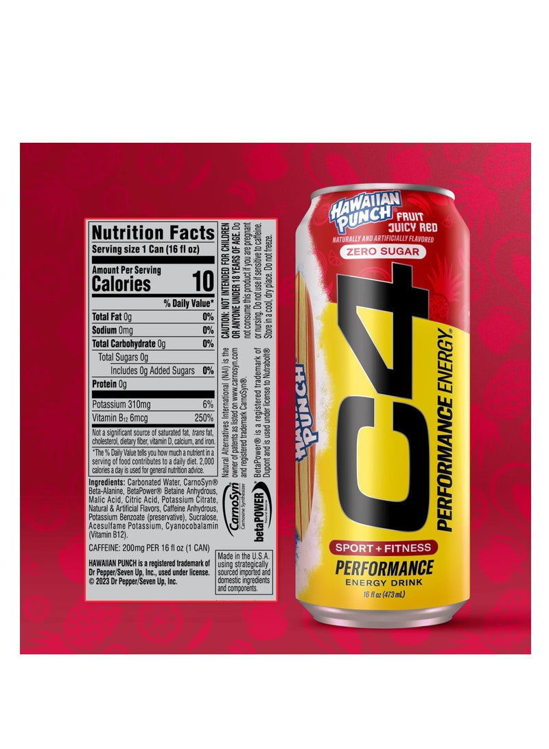 C4 Performance Energy Drink, Hawaiian Fruit Punch Juicy Red Flavor, Zero Sugar - Image 4