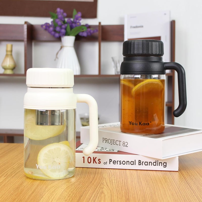 wangsdjy 32oz Glass Water Bottle, Tea Bottle with Infuser & Handle, BPA-Free Leakproof Wide Mouth Large Tea Infuser Bottle for Hot or Cold Drinks, Loose Tea, Fruit (White) - Image 3