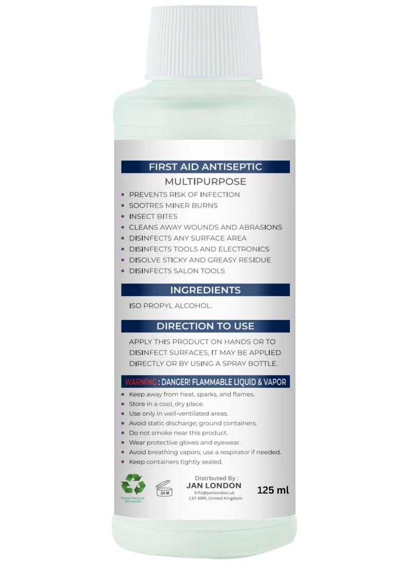 JAN LONDON Isopropyl Rubbing Alcohol, IPA 99.9% High Purity – Multipurpose Disinfectant & Cleaner for Surfaces, Electronics, First-Aid, and More – Fast Evaporating, Residue-Free, 125ml  - Image 2