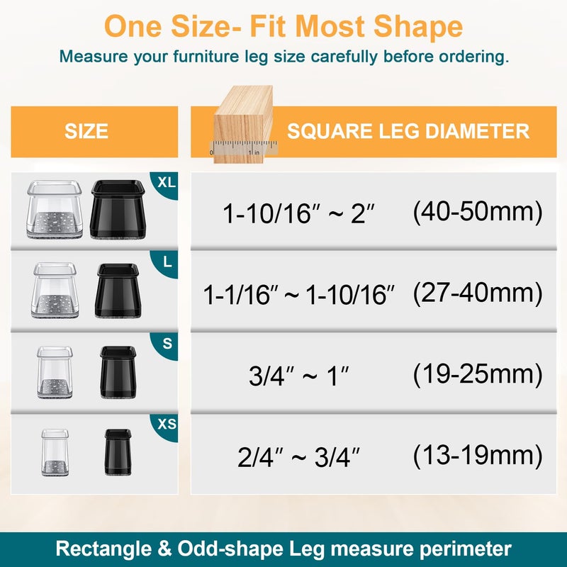 OASMU 32 Pcs Square Chair Leg Protectors For Hardwood Floors  Felt Furniture Pads Floor Protectors  Silicone Chair Leg Caps Covers Large (Fit Side Lenght: 1.02'' - 1.57'') - Image 2