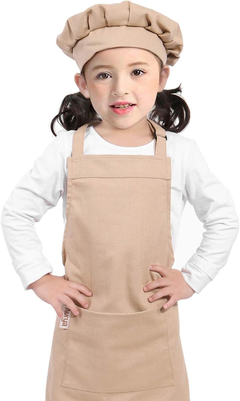 Aurya Kids Apron and Chef Hat Set-Adjustable Child Apron for Boys and Girls for Cooking Baking Khaki - Image 5