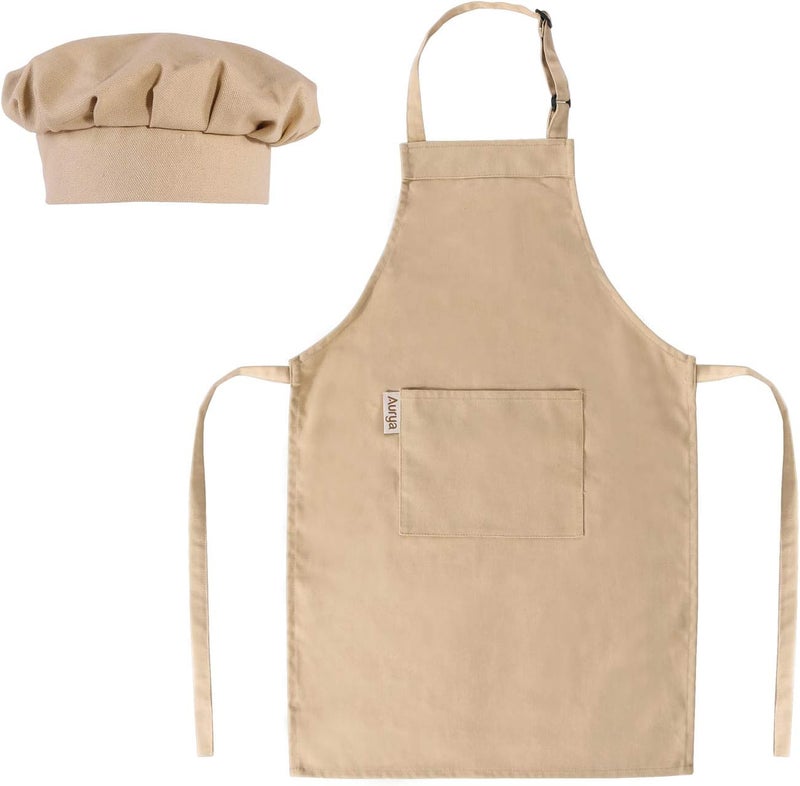 Aurya Kids Apron and Chef Hat Set-Adjustable Child Apron for Boys and Girls for Cooking Baking Khaki - Image 1