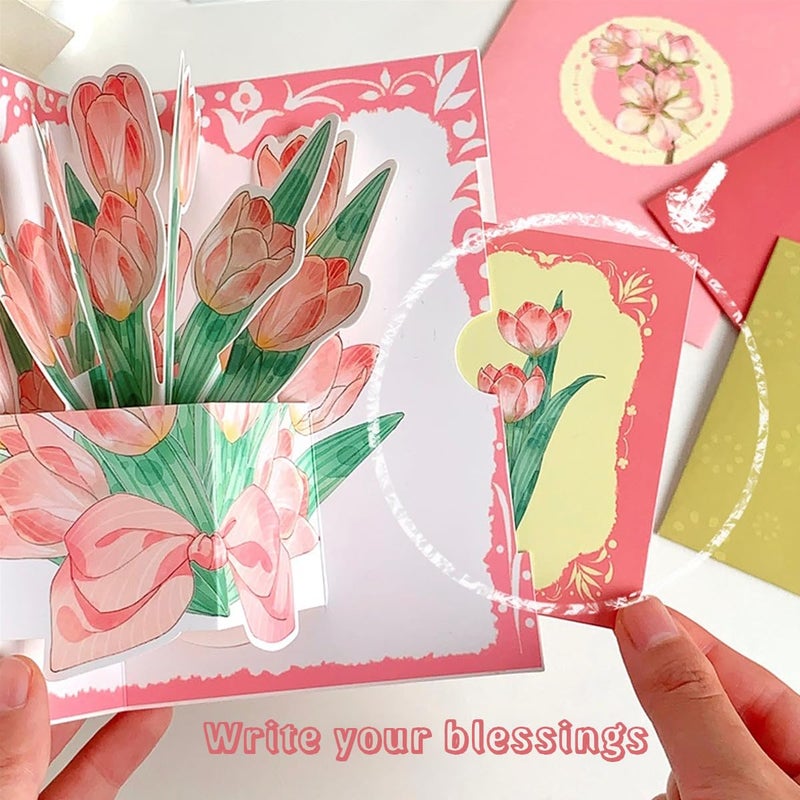 Climberty 4pcs Mothers Day Gift Cards 3D Tulips Paper Art Floral Gift Greeting Cards Thanks Giving Gift Cards Elegant Rose Sakura Lily Flower Gift Cards for Mothers Day Birthday Bag Anniversary - Image 3