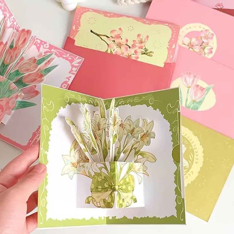 Climberty 4pcs Mothers Day Gift Cards 3D Tulips Paper Art Floral Gift Greeting Cards Thanks Giving Gift Cards Elegant Rose Sakura Lily Flower Gift Cards for Mothers Day Birthday Bag Anniversary - Image 5