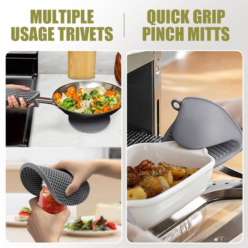 Rorecay Extra Long Oven Mitts and Pot Holders Sets: Heat Resistant Silicone Oven Mittens with Mini Oven Gloves and Hot Pads Potholders for Kitchen Baking Cooking  Quilted Liner  Gray  Pack of 6 - Image 3