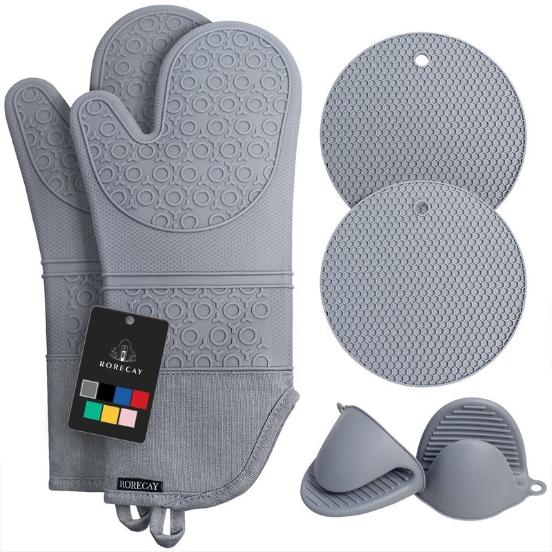 Rorecay Extra Long Oven Mitts and Pot Holders Sets: Heat Resistant Silicone Oven Mittens with Mini Oven Gloves and Hot Pads Potholders for Kitchen Baking Cooking  Quilted Liner  Gray  Pack of 6 - Image 1