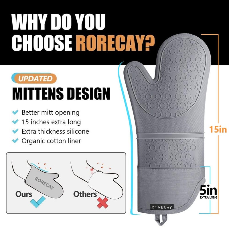 Rorecay Extra Long Oven Mitts and Pot Holders Sets: Heat Resistant Silicone Oven Mittens with Mini Oven Gloves and Hot Pads Potholders for Kitchen Baking Cooking  Quilted Liner  Gray  Pack of 6 - Image 2
