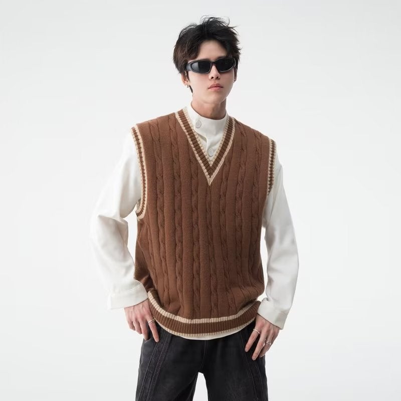 Academy Style V-Neck Knitted Vest Mens Autumn and Winter American Style Retro Loose Sleeveless Sweater Vest Pullover Waistcoat Brown - Image 1