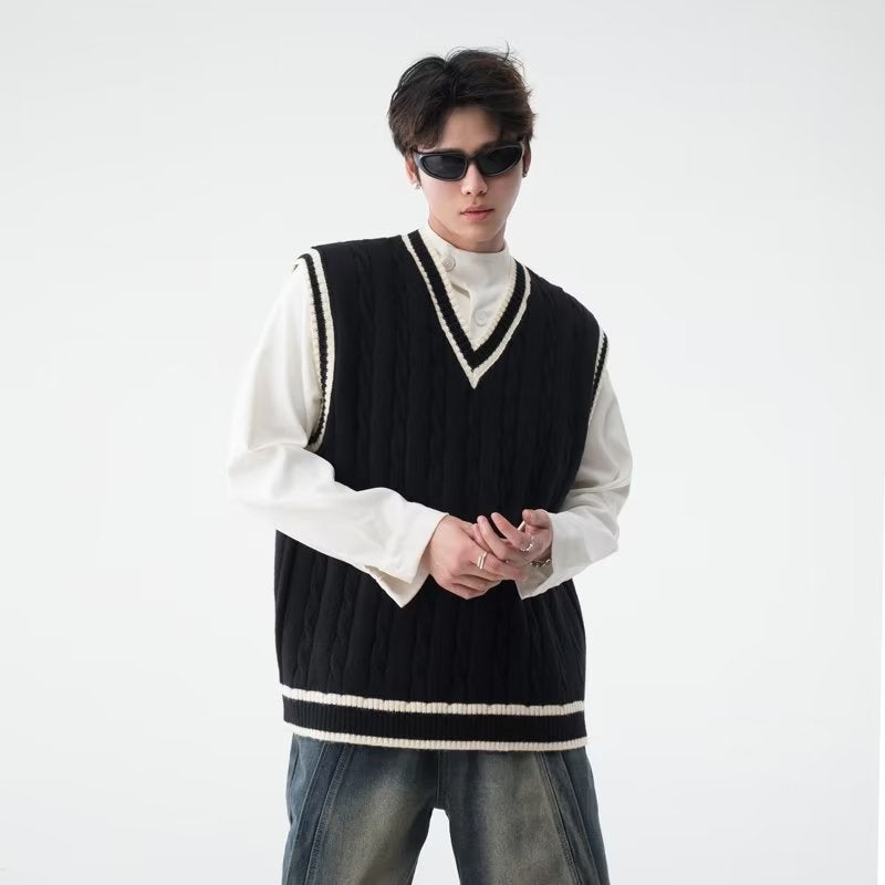 Academy Style V-Neck Knitted Vest Mens Autumn and Winter American Style Retro Loose Sleeveless Sweater Vest Pullover Waistcoat Brown - Image 2