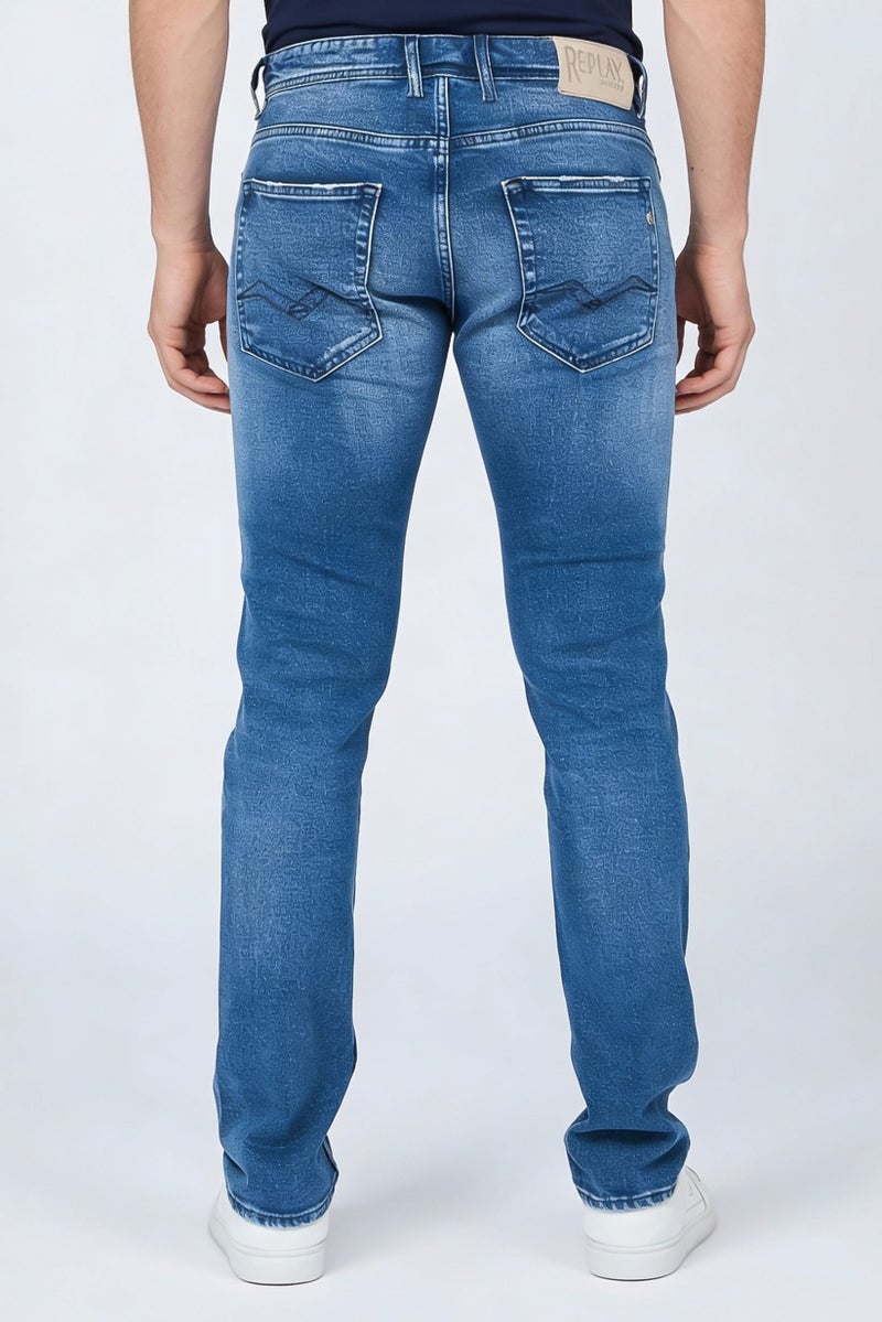 Replay Men Straight Fit Washed Stretchable Denim Jeans, Blue - Image 2
