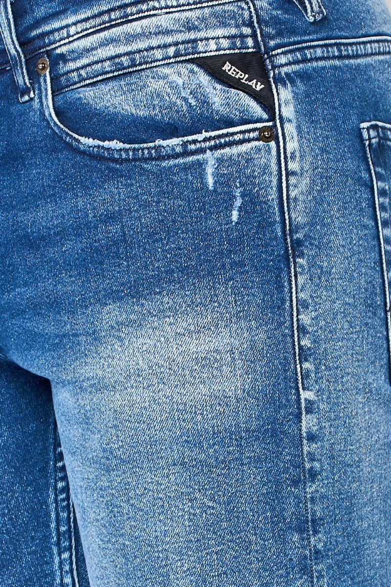 Replay Men Straight Fit Washed Stretchable Denim Jeans, Blue - Image 4