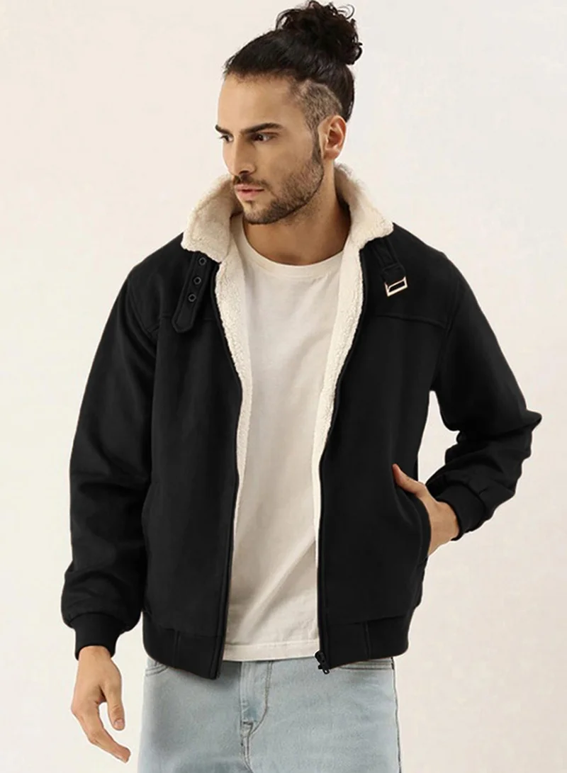 Campus Sutra Men's Obsidian Black Fur-Lined Suede Bomber Jacket For Casual Wear | High Neck | Long Sleeve | Zipper Closure | Jacket Crafted With Comfort Wear For Everyday Wear
