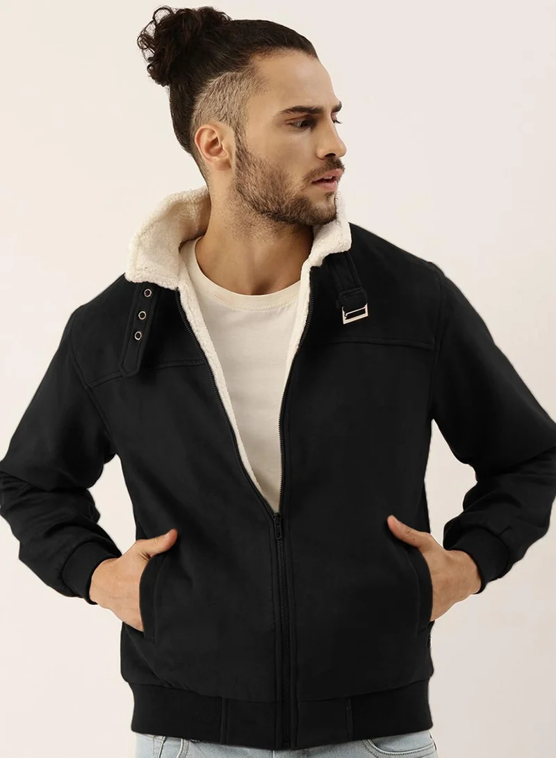 Campus Sutra Men's Obsidian Black Fur-Lined Suede Bomber Jacket For Casual Wear | High Neck | Long Sleeve | Zipper Closure | Jacket Crafted With Comfort Wear For Everyday Wear
