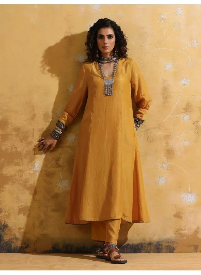 ترو برونز trueBrowns Mustard Muslin Silk A-line Kurta Pant Set