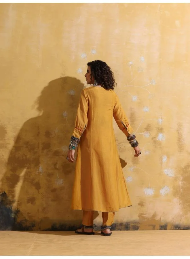 ترو برونز trueBrowns Mustard Muslin Silk A-line Kurta Pant Set